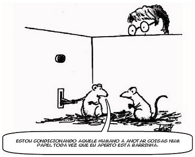 Imagem do tipo ilustração em preto e branco de dois ratinhos numa caixa sendo observados por um homem de óculos. Enquanto aperta um interruptor na parede da caixa, um dos ratinhos diz: Estou condicionando aquele humano a anotar coisas num papel toda vez que eu aperto esta barrinha.